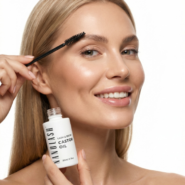 Kvinde holder Nanolash ricinusolie og påfører produktet på sit bryn